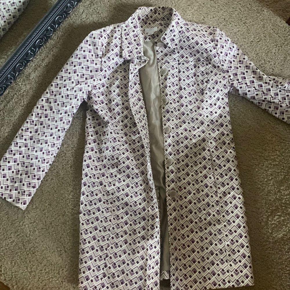 Ann Taylor Loft geometric trench coat size Large. Cream, purple, black & tan
